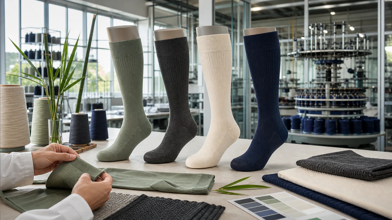 Bamboo-derived viscose blend compression socks, yarn cones, knit swatches, bamboo leaves, and knitting equipment