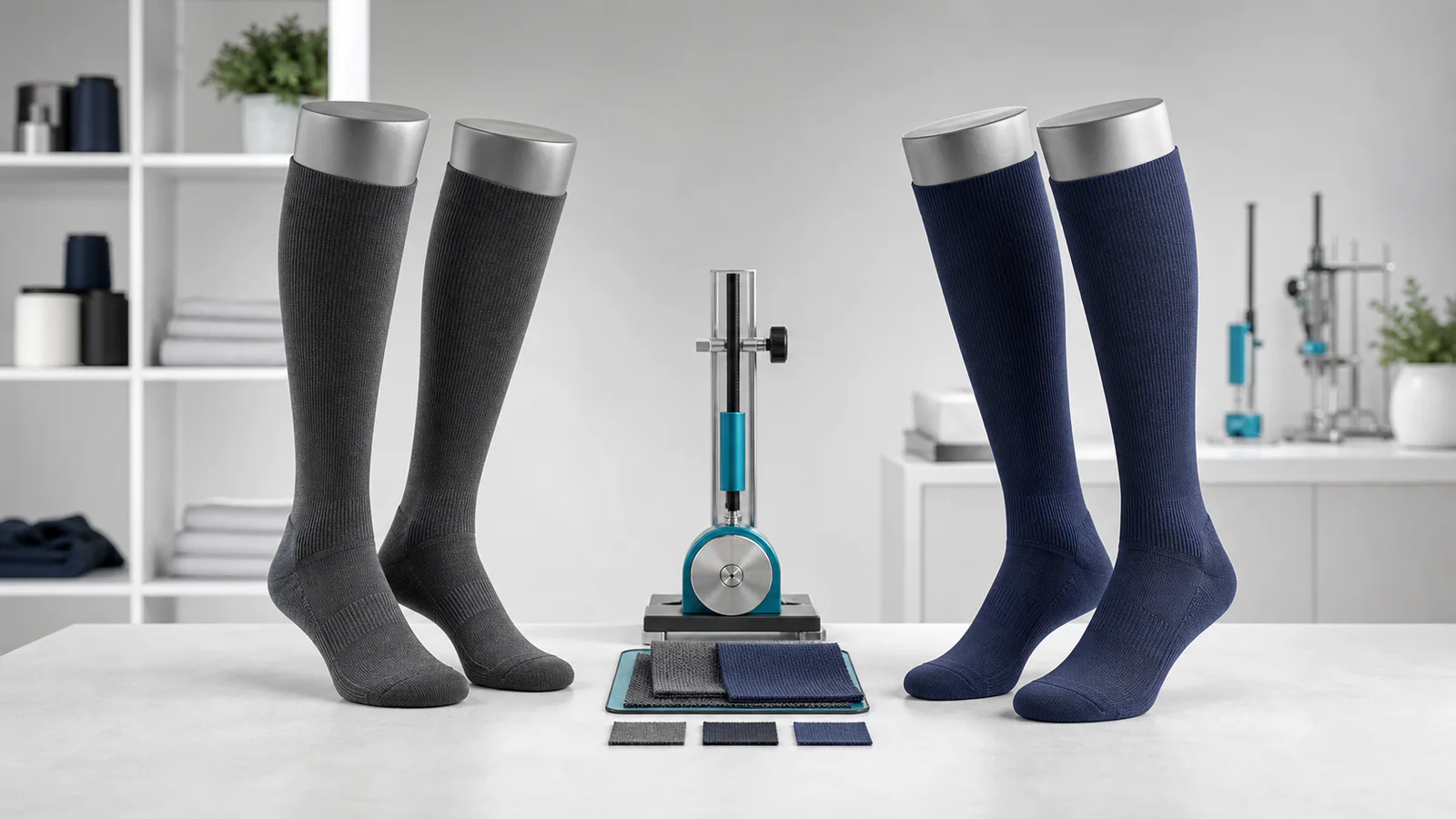 Regular-fit compression socks in charcoal and navy compared with textile pressure-testing equipment