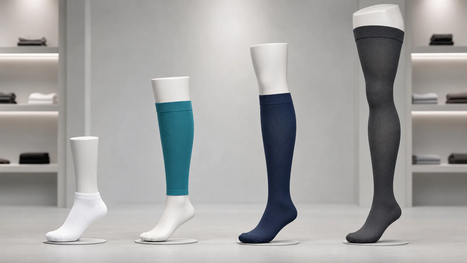 Ankle sock, calf sleeve, knee-high sock, and thigh-high compression stocking length comparison