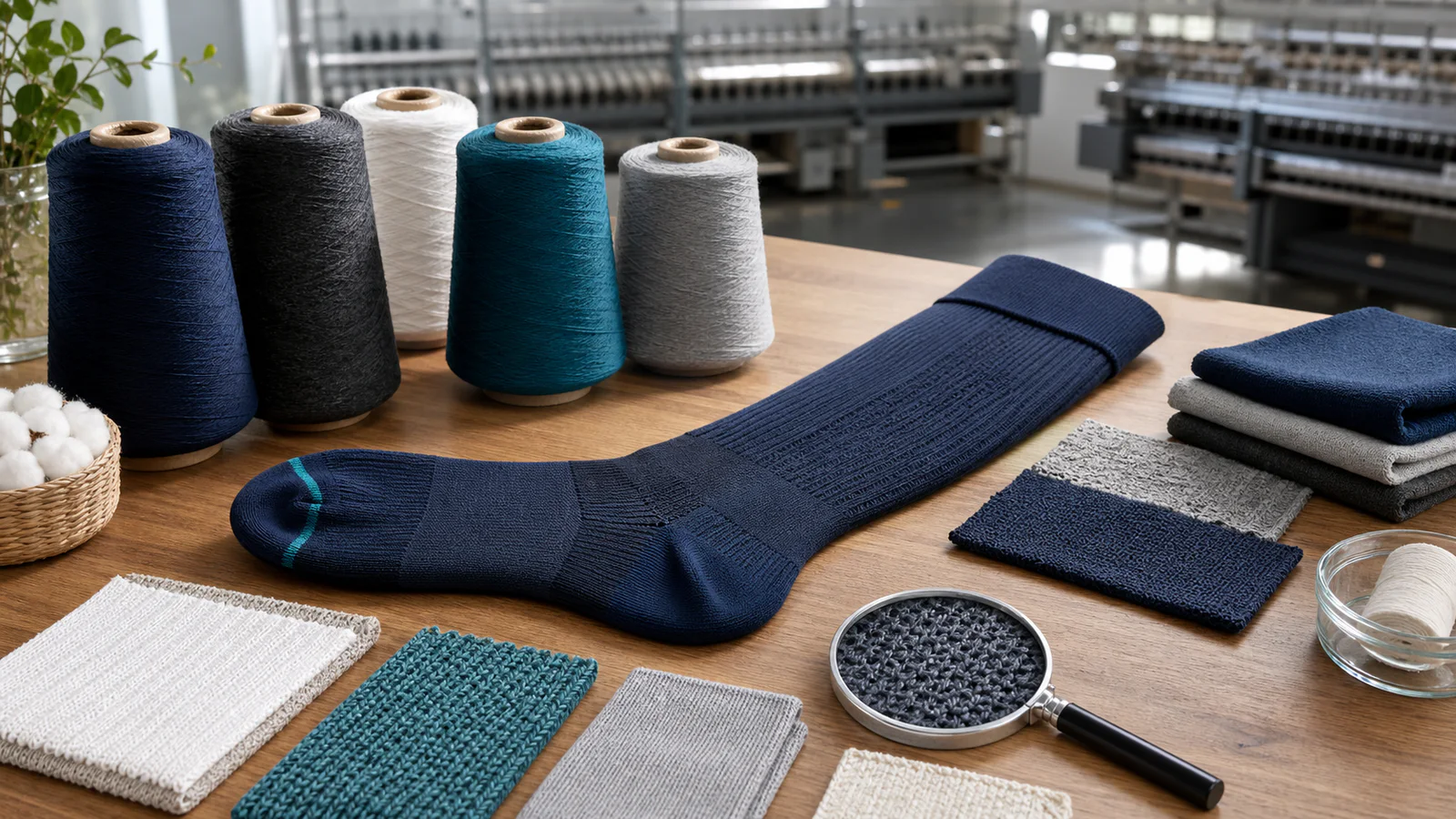 Compression sock yarn cones, knitted swatches, and a finished knee-high sock