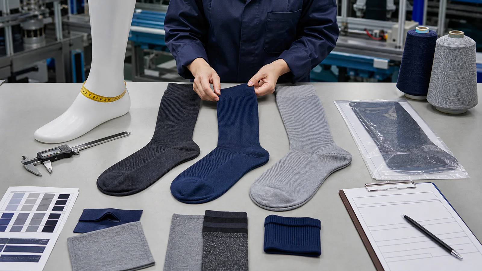Quality inspector comparing compression sock samples, measurements, knit swatches, and approval records