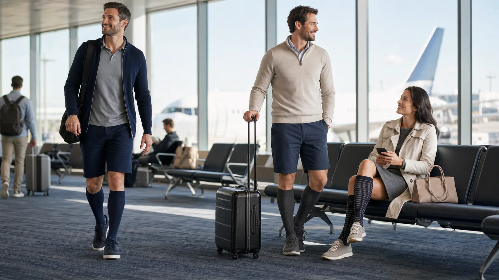 Adult travelers wearing navy, gray, and striped knee-high compression socks in an airport lounge