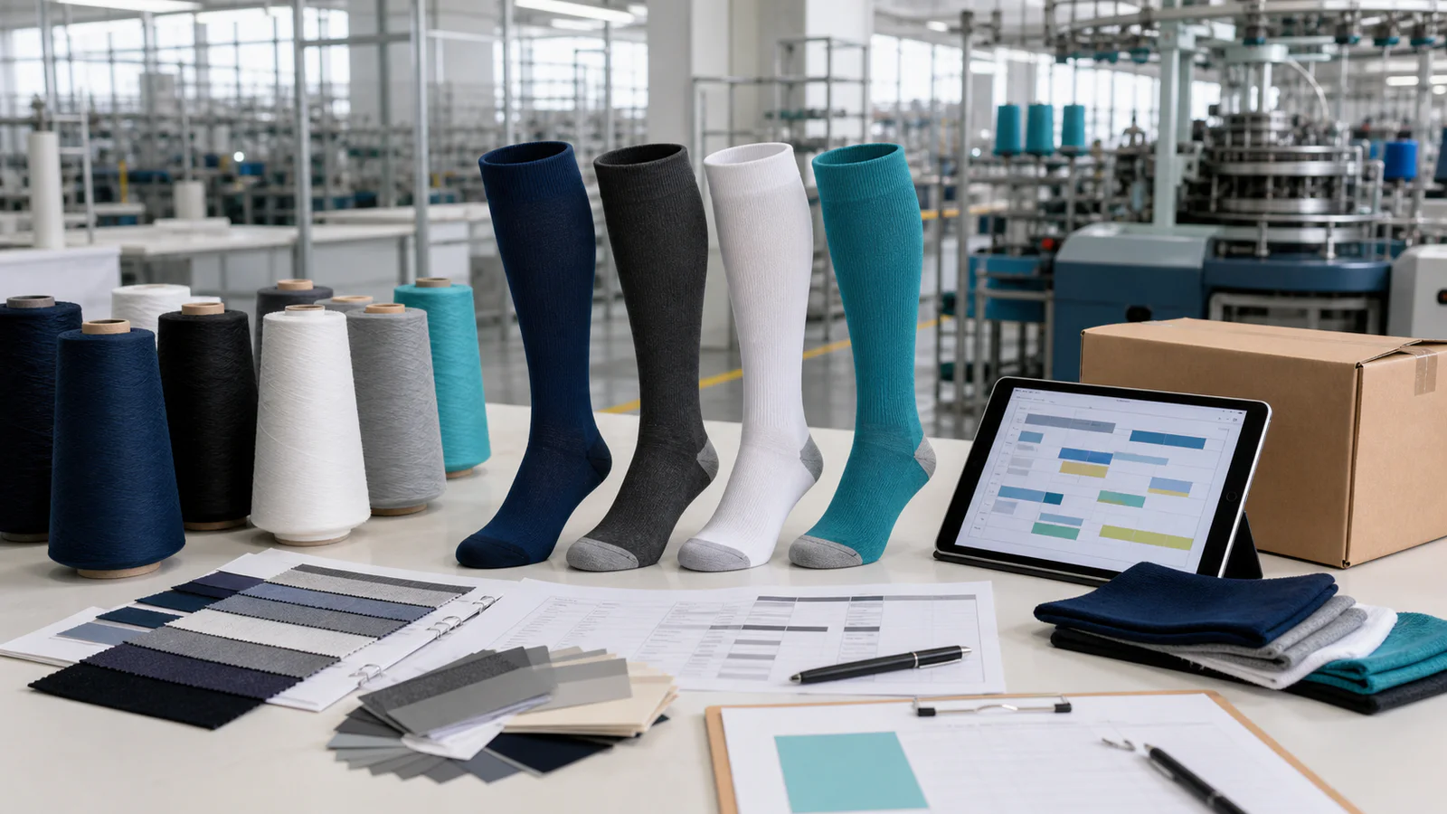 Compression socks, yarn cones, planning sheets, tablet schedule, and shipping carton in a factory