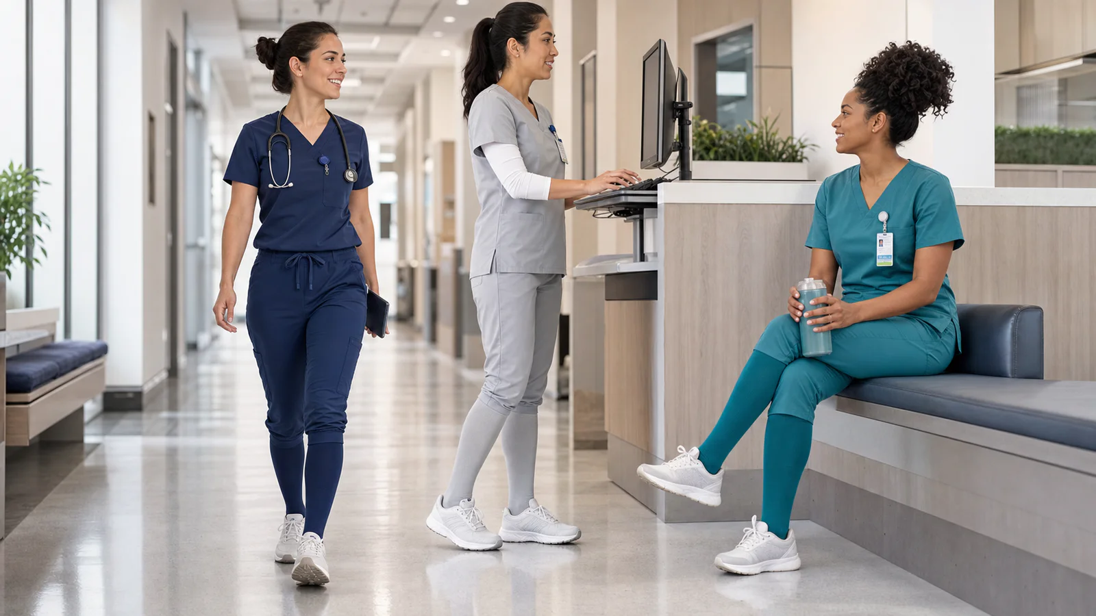 Three nurses wearing navy, gray, and teal knee-high compression socks in a hospital corridor
