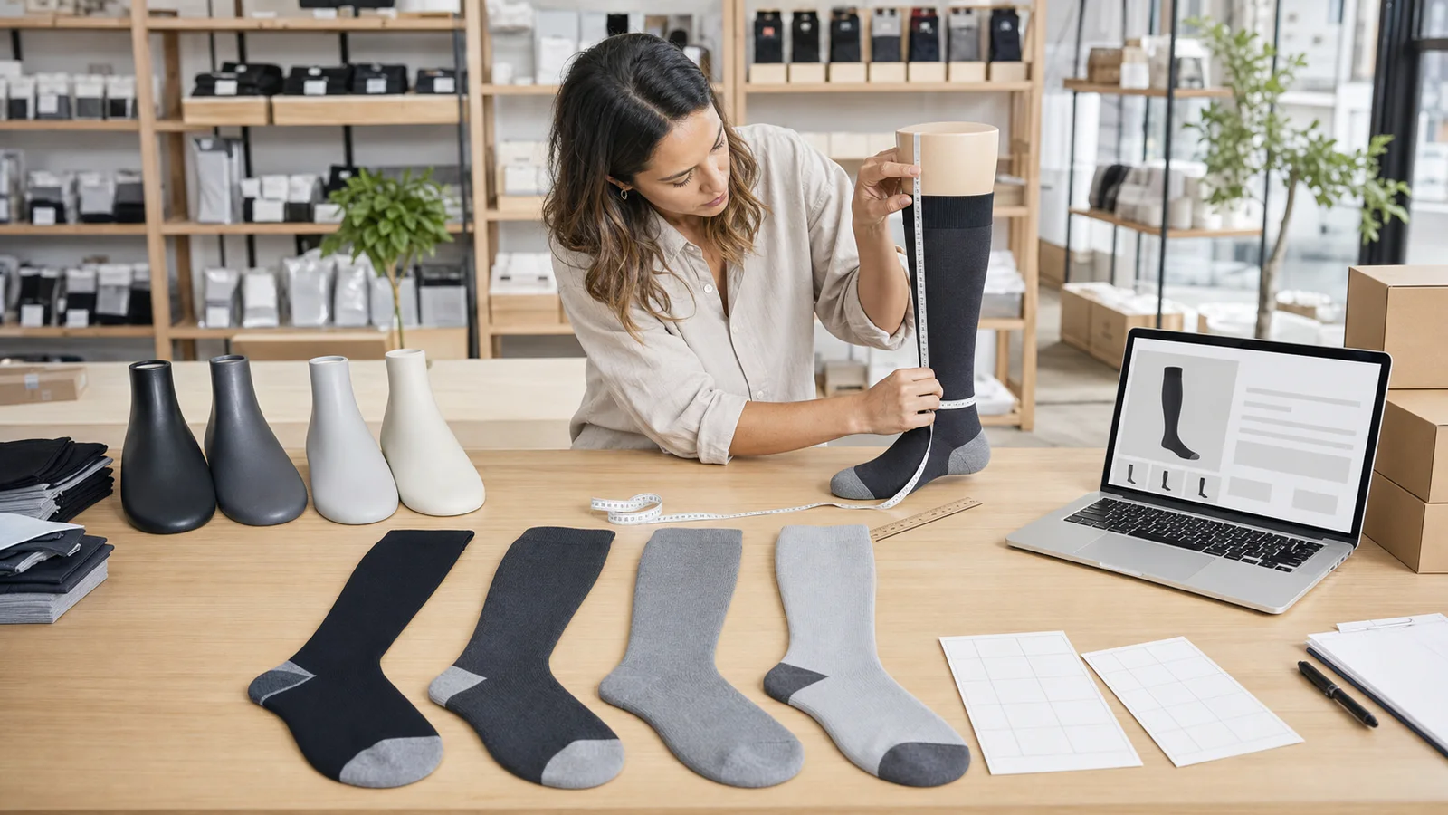 Merchandiser measuring a knee-high compression sock with graded samples, leg forms, laptop, and boxes