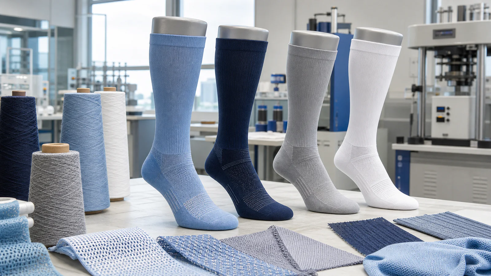 Cooling compression socks with breathable knit swatches, yarn cones, and textile testing equipment