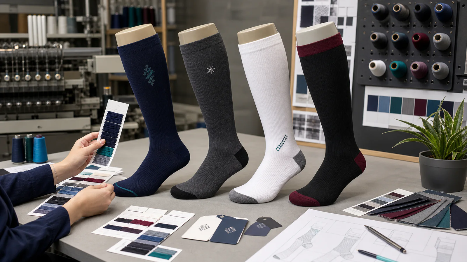 Four custom compression sock samples with different abstract branding details in a textile design studio