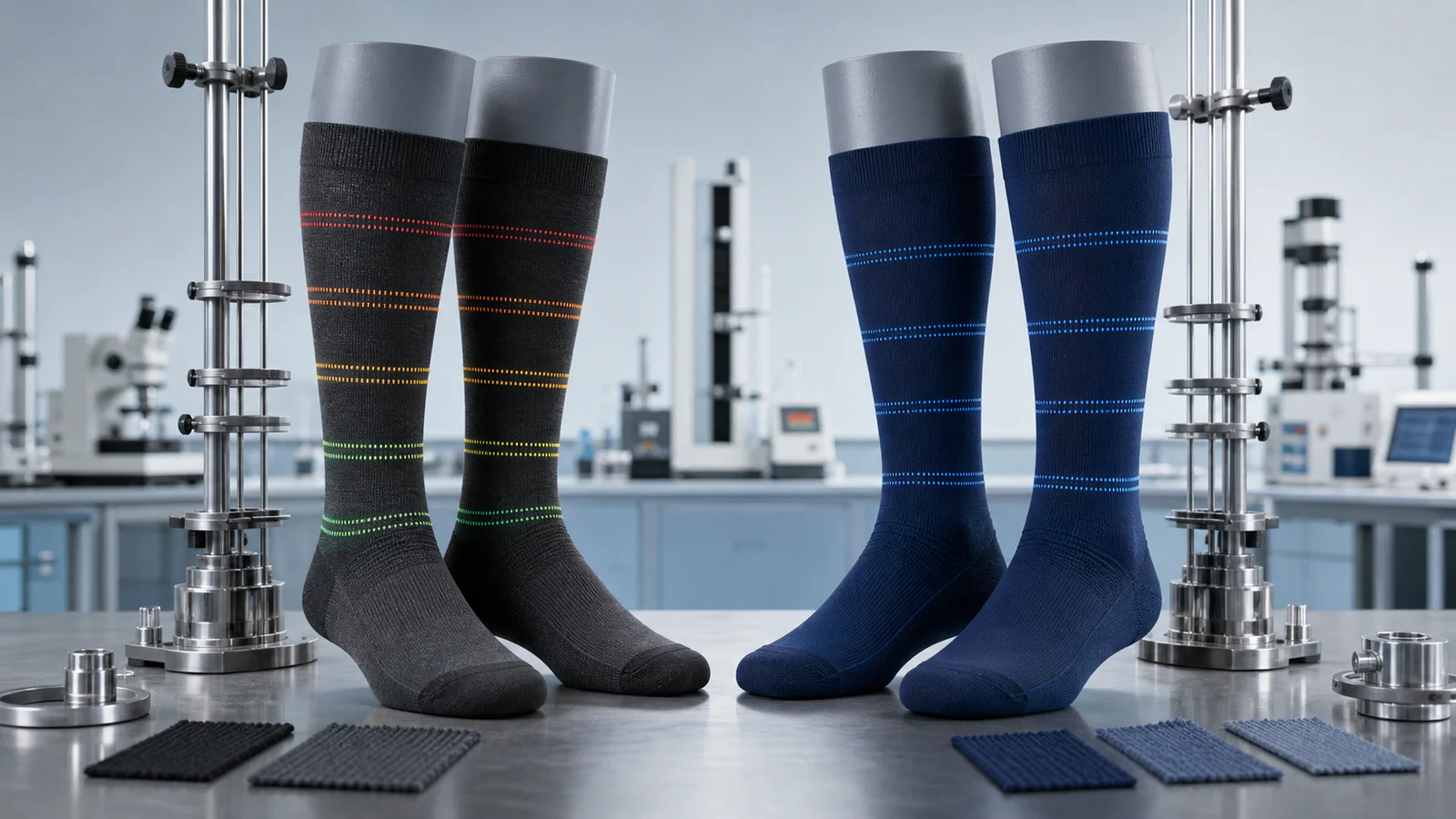Charcoal and navy compression socks compared with pressure-testing equipment in a textile laboratory