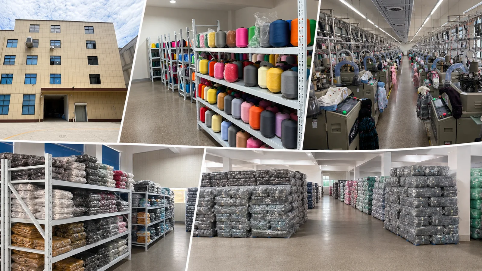 Compression socks factory yarn storage, knitting workshop, inspection, and warehouse