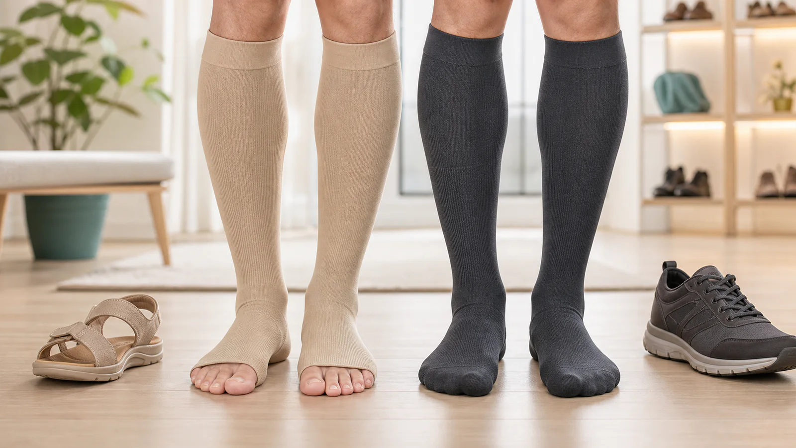 Regular-fit beige open-toe and charcoal closed-toe knee-high compression socks