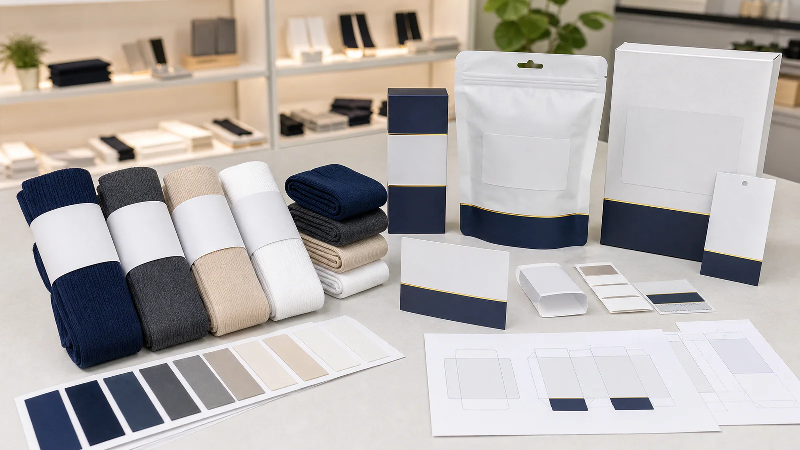 Private-label compression socks with blank paper bands, boxes, pouches, and packaging samples