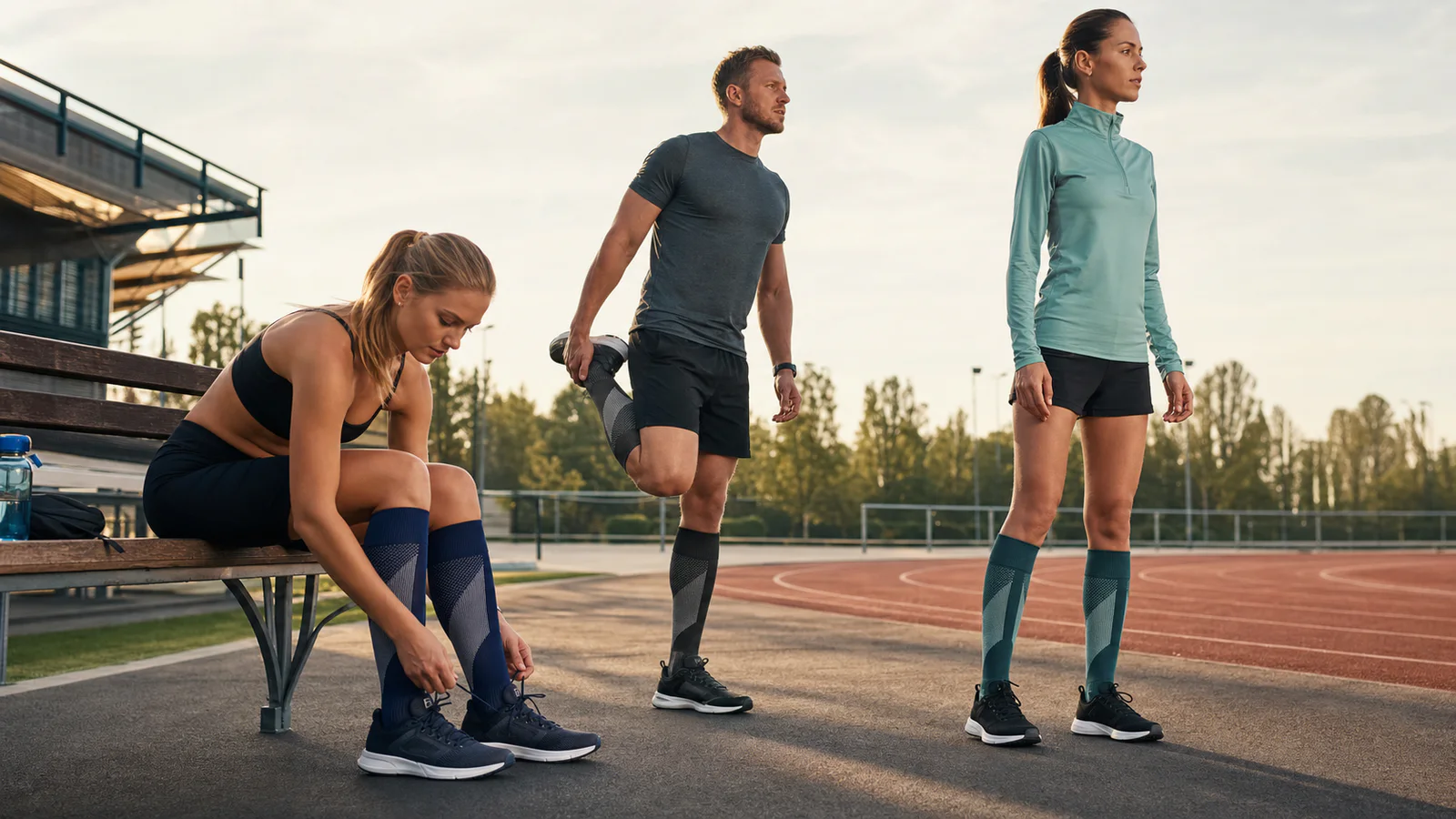 Three athletes wearing navy, charcoal, and teal knee-high compression socks beside a running track
