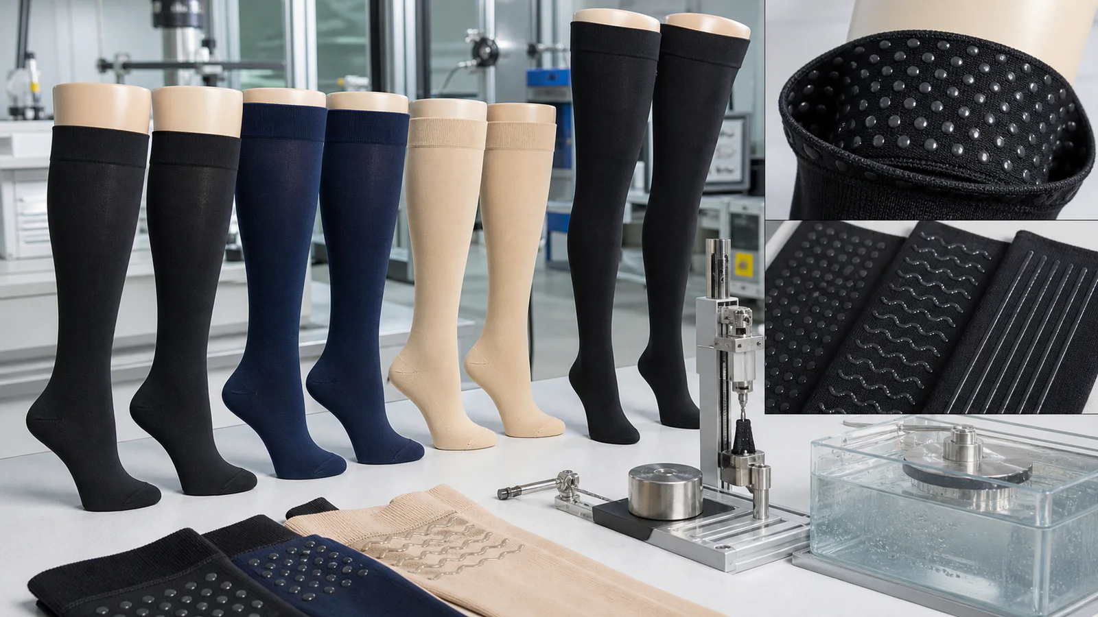 Compression socks with silicone grip dots, anti-slip cuff samples, and adhesion testing equipment