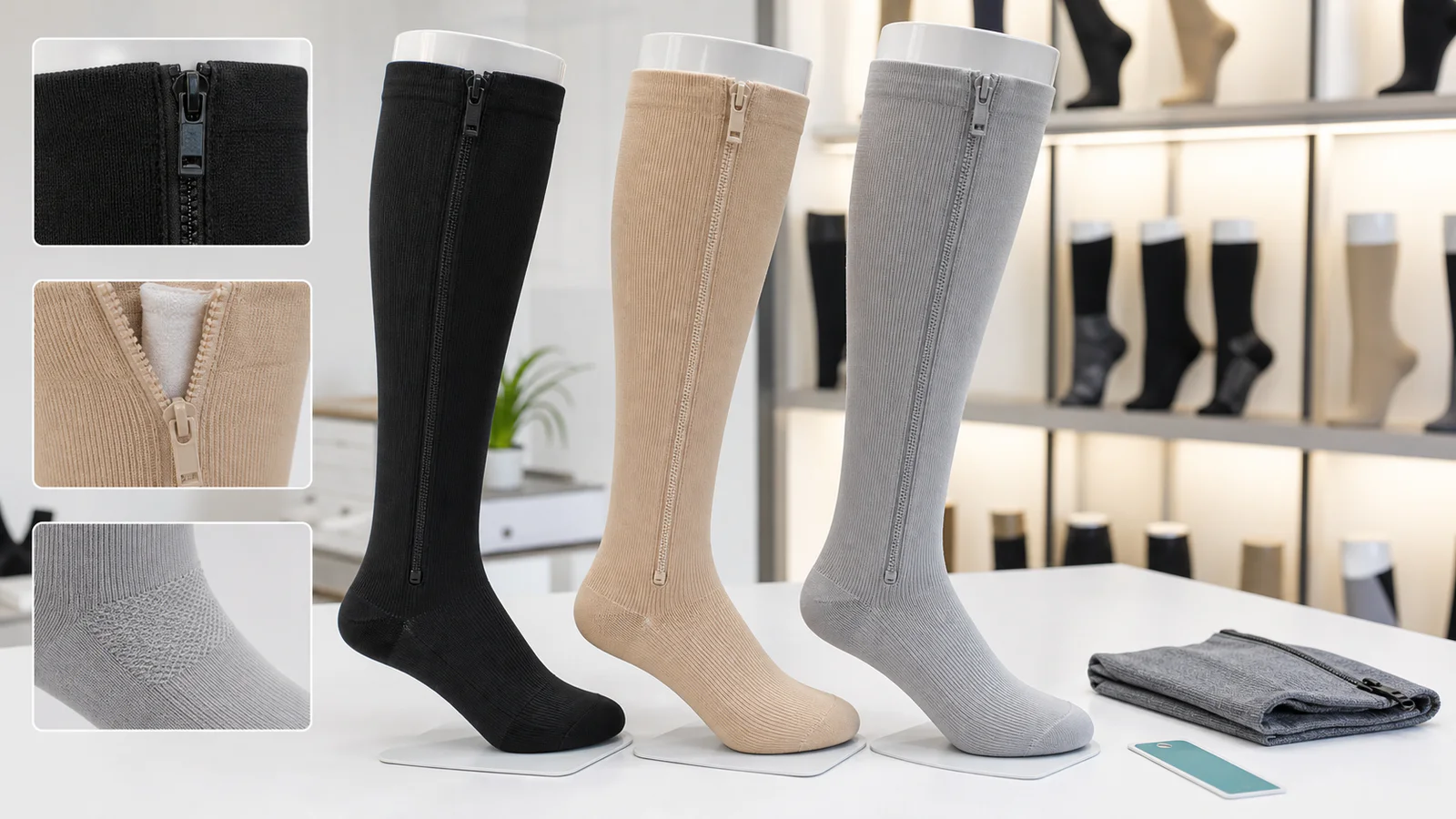 Black, beige, and grey regular-fit zipper compression socks with construction details