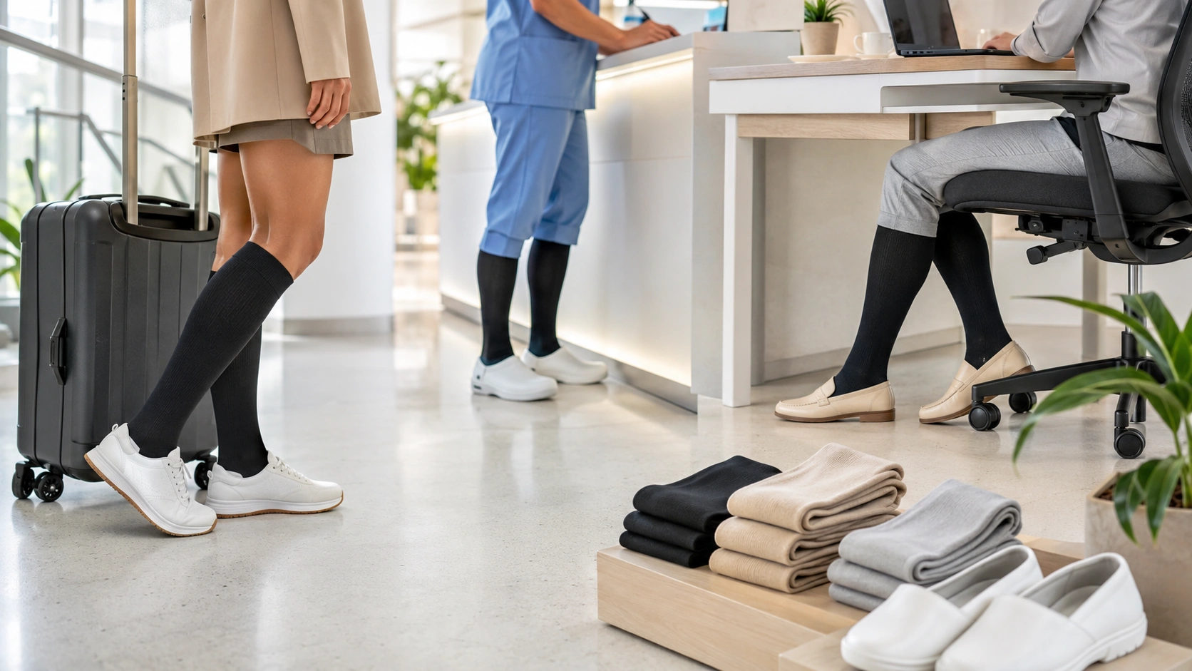 Compression socks for travel, healthcare, office work, and standing shifts