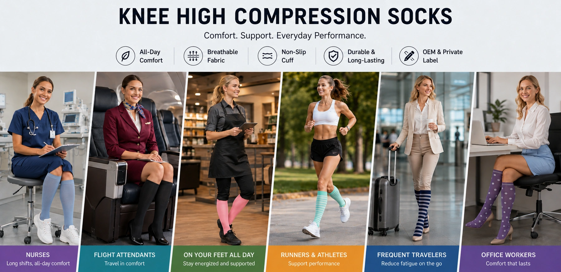 Knee high compression socks for nurses, flight attendants, runners, travelers, and office workers