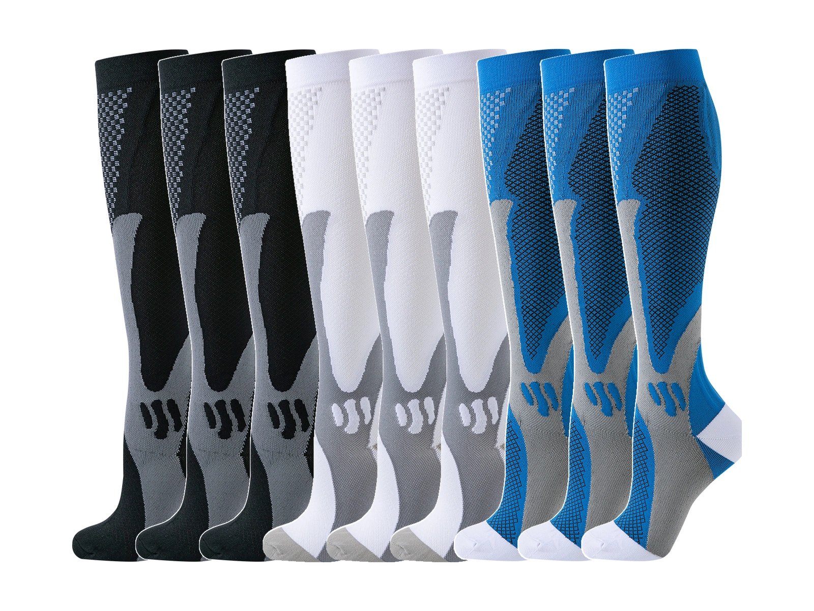 Multi-pack compression socks in black white and blue
