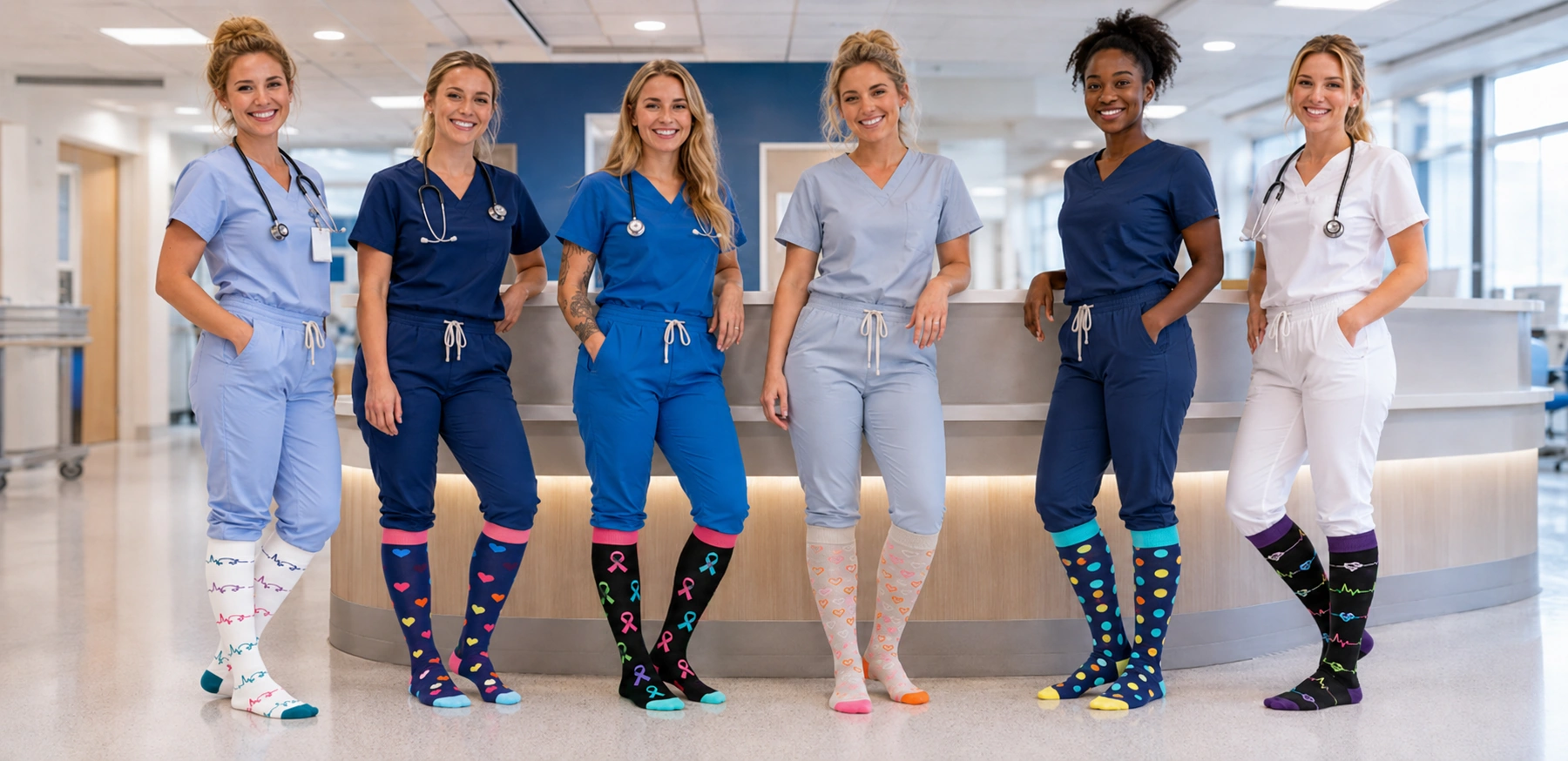 Nurses and healthcare workers wearing colorful compression socks in a hospital