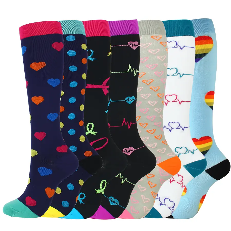Eight Pair Heart Ribbon Pattern Mix compression socks sample