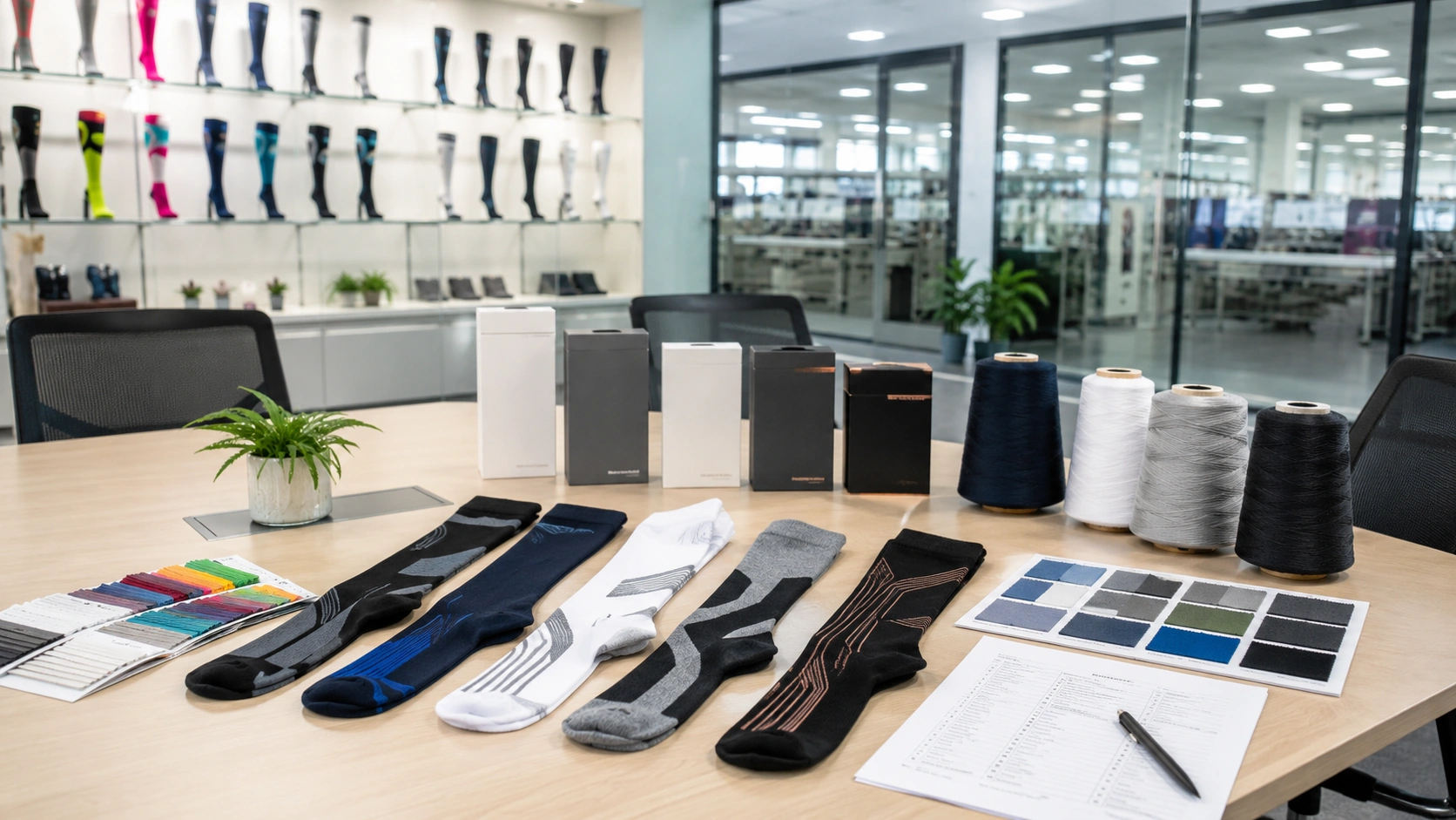 Wholesale compression socks samples, packaging boxes, yarn cones, and color swatches in a factory meeting room