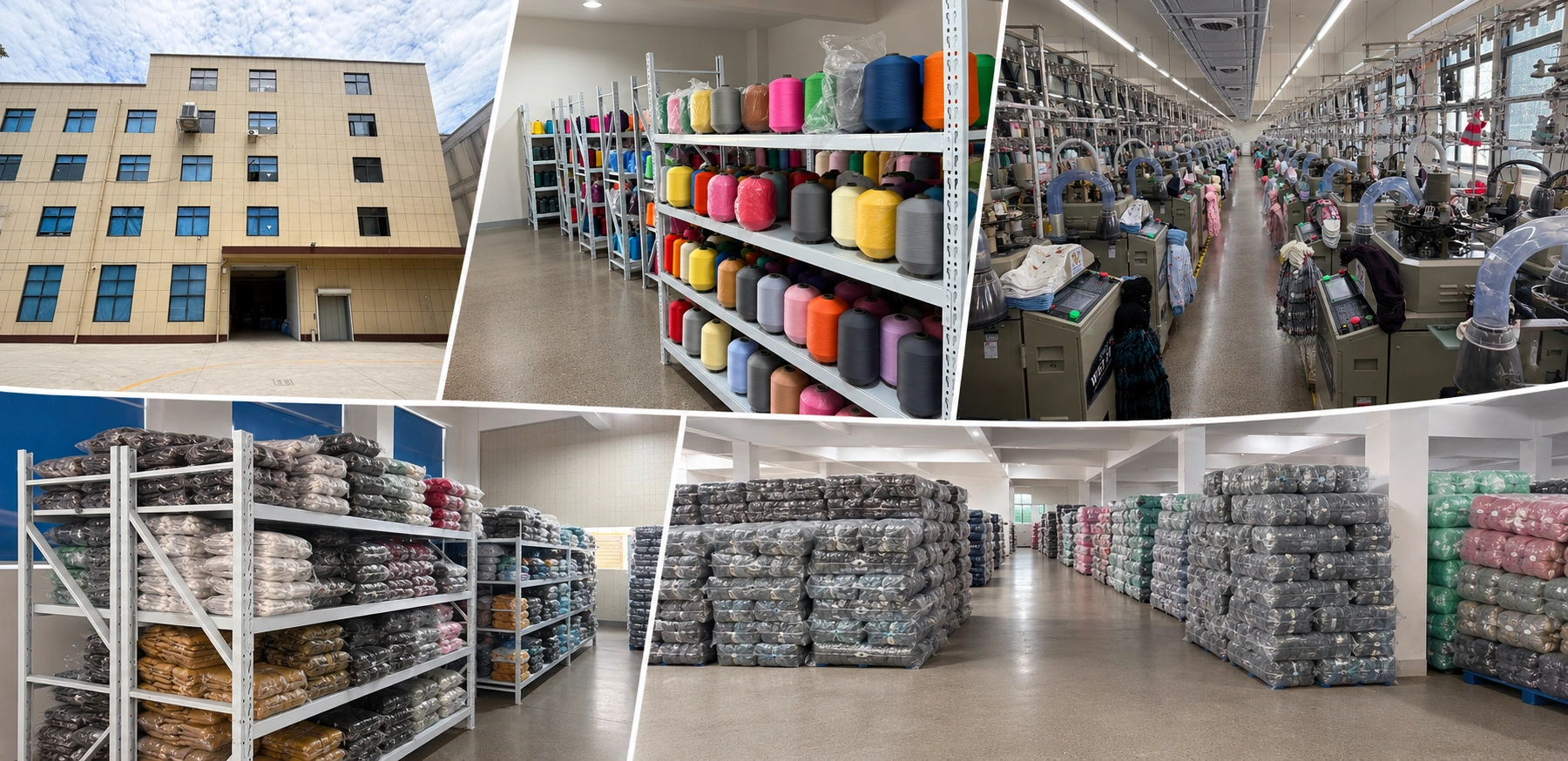 Zhuji compression socks factory, yarn storage, knitting workshop, and warehouse